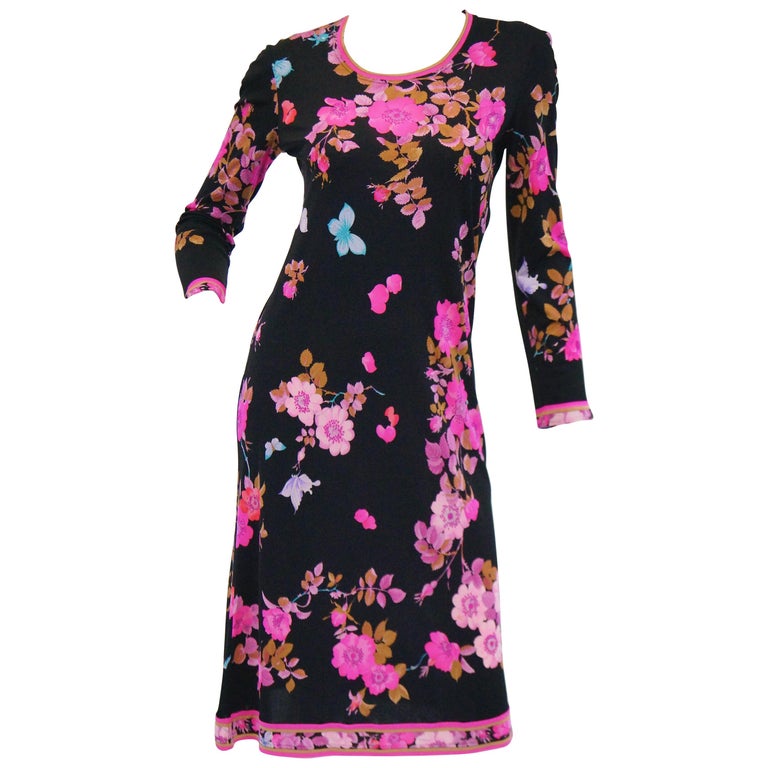 1960s Leonard Black & Pink Floral Silk Jersey Midi Dress - MRS Couture 1960s Leonard Black & Pink Floral Silk Jersey Midi Dress - MRS Couture