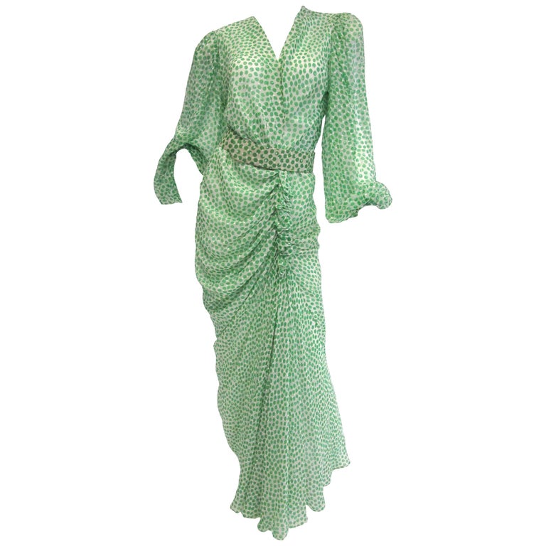 1990s Oscar de la Renta Green & White Silk Polka Dot Dress