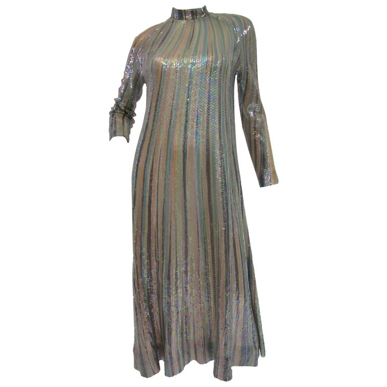 Iconic 1970s Halston Pastel Striped Silk Maxi Dress W/ Sequins