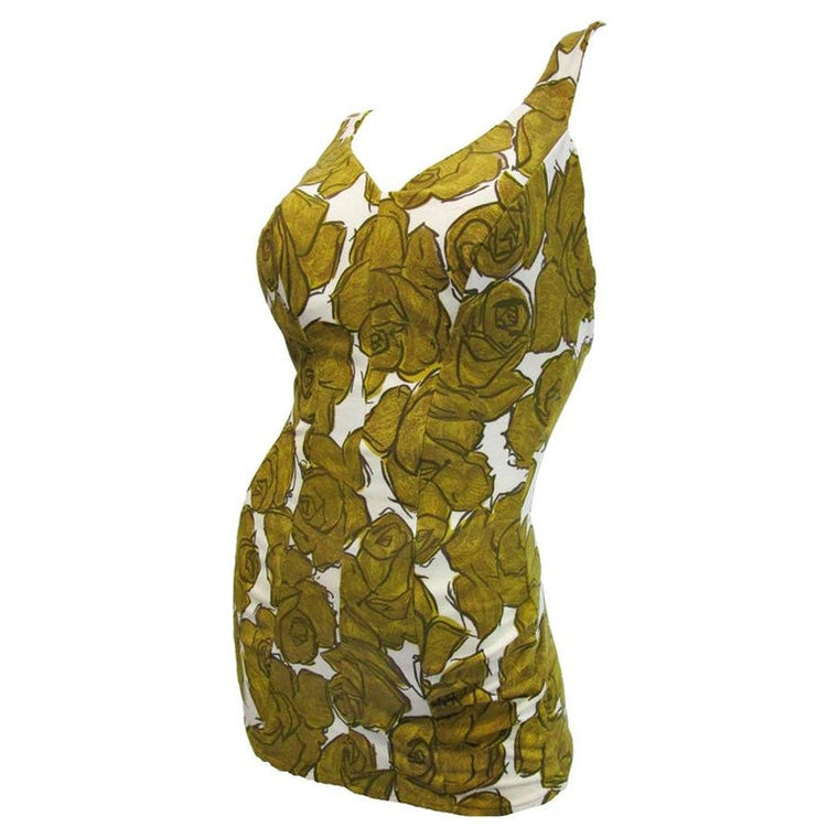1950's Rose Marie Reid White and Gold Cotton Floral Bathing Suit