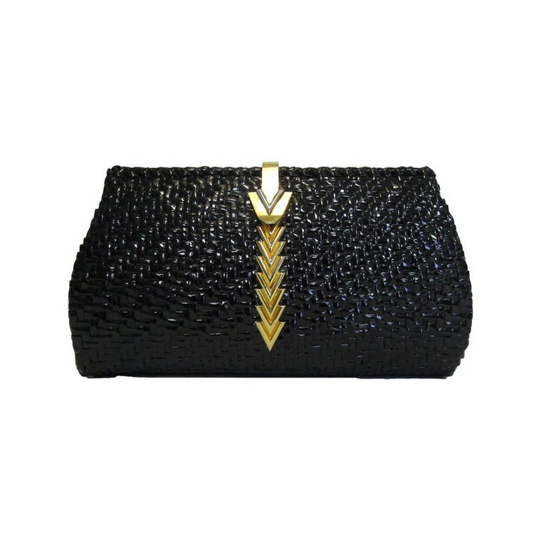 Rare 1970s Mario Valentino Black Glazed Wicker Clutch W/ Gold Logo Accent