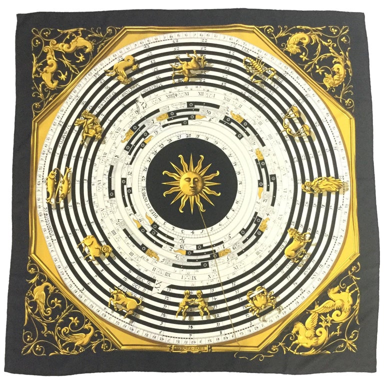 Important Hermes Astrologie Dies et Hors Silk Scarf by Francoise Facon -  MRS Couture