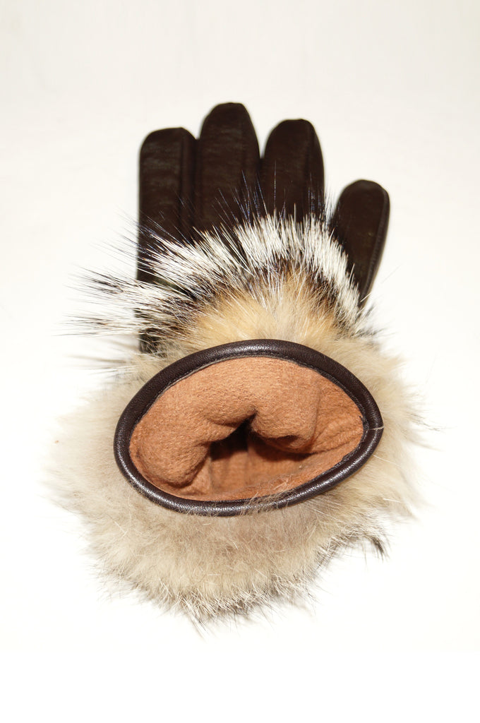 Vintage Italian Brown Leather Gloves with Fur Cuffs