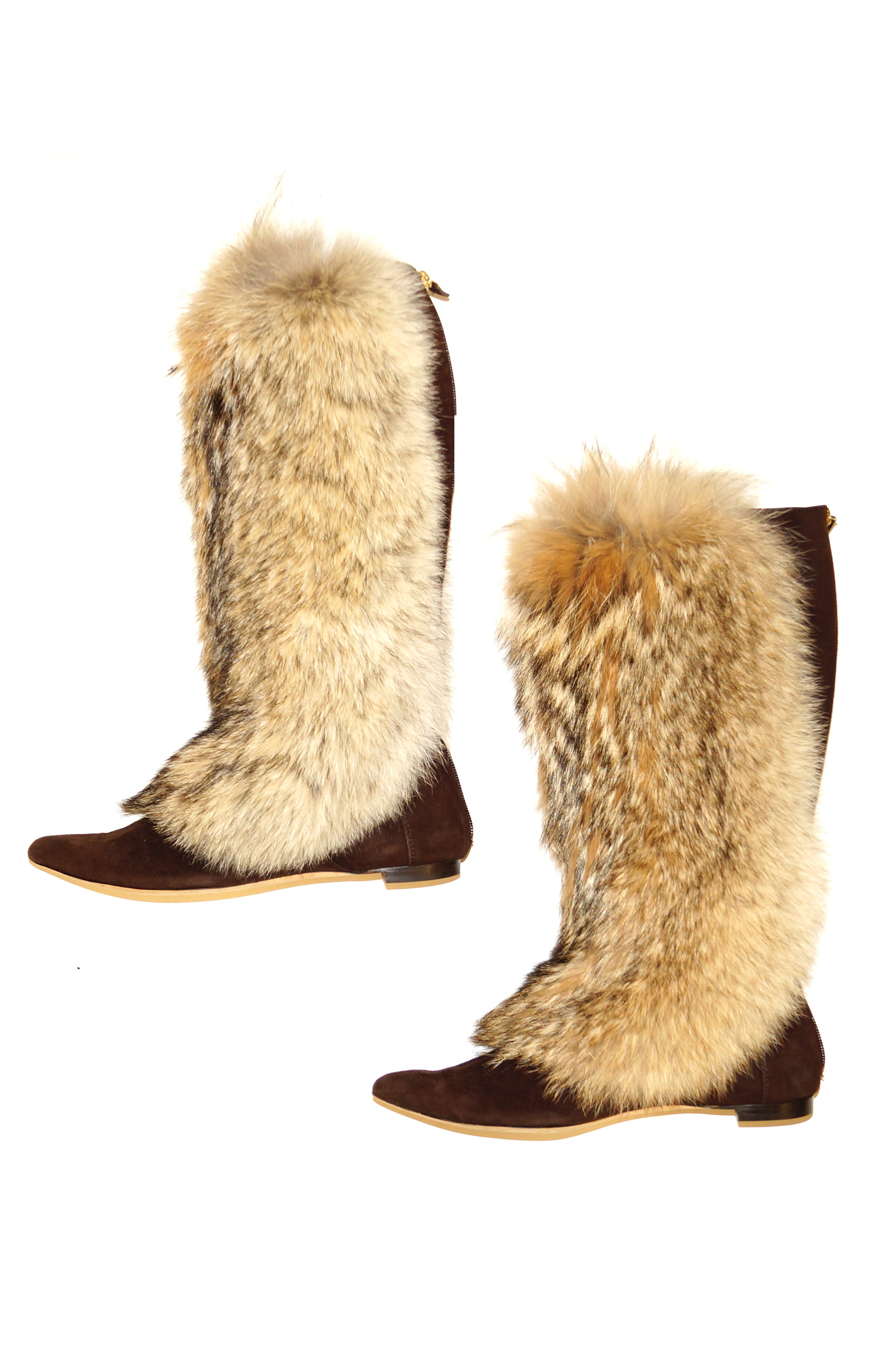Oscar de la Renta Blonde Fox Fur and Brown Suede Boots - MRS Couture
