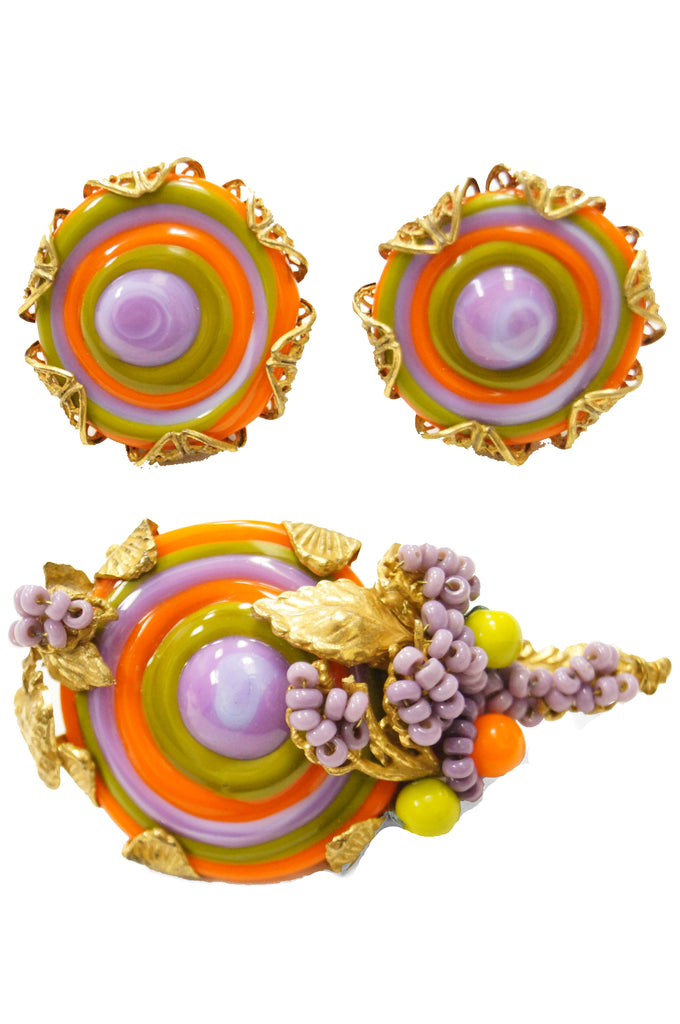 1960s Miriam Haskell Poured Glass Floral Brooch and Earrings - Rare