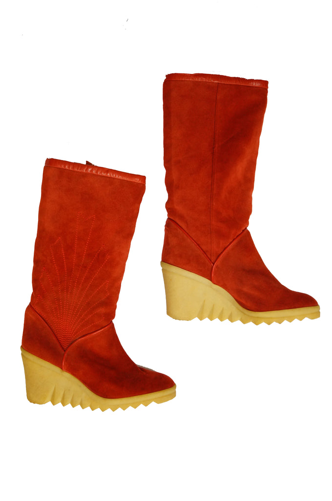 1970s Charles Jourdan Red Suede Wedge Sunrise Stitch Boots