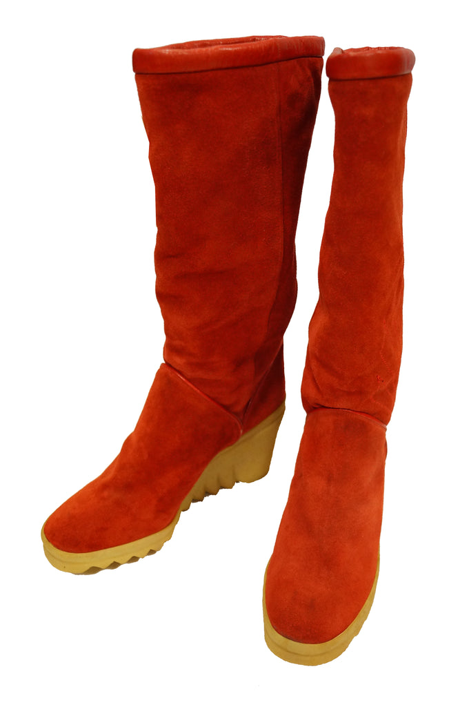 1970s Charles Jourdan Red Suede Wedge Sunrise Stitch Boots