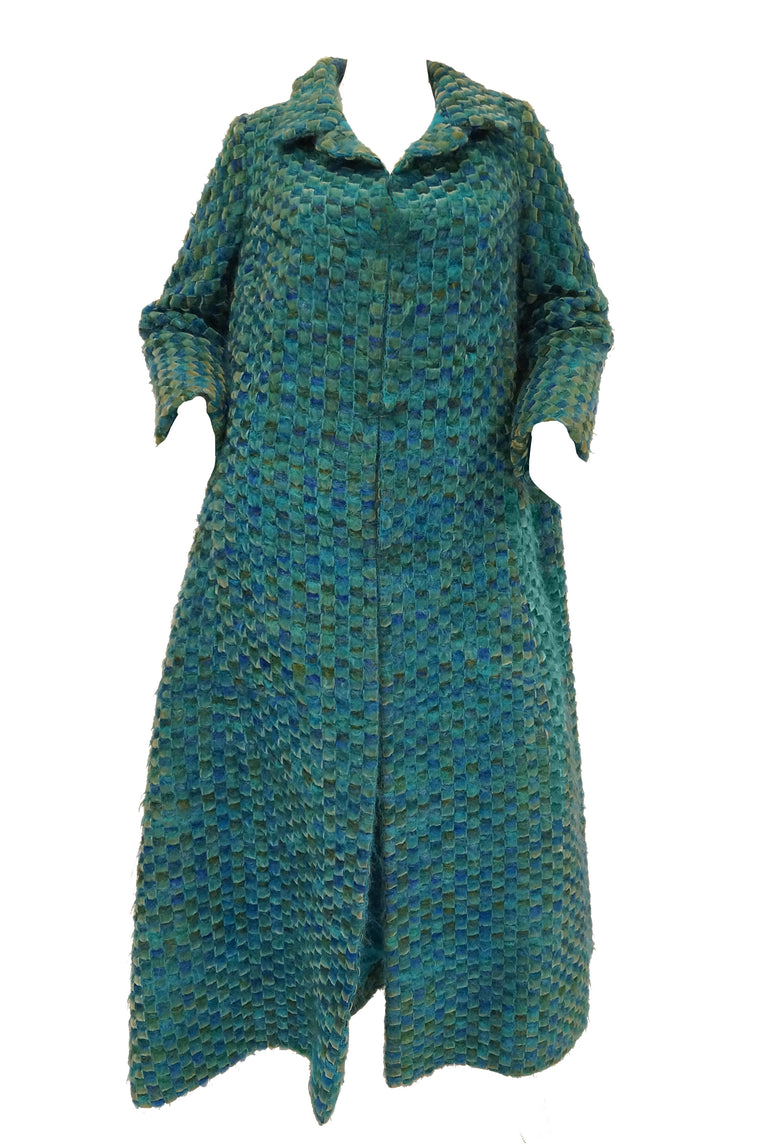 1960s Nina Ricci Haute Couture Angora and Velvet Turquoise Cape Coat