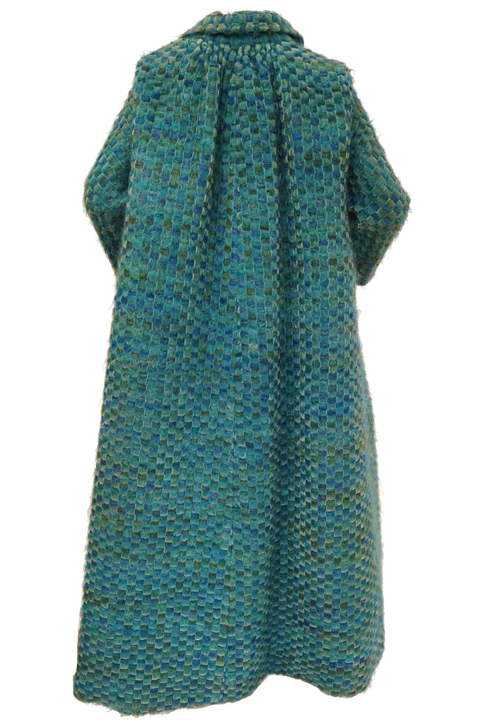 1960s Nina Ricci Haute Couture Angora and Velvet Turquoise Cape Coat
