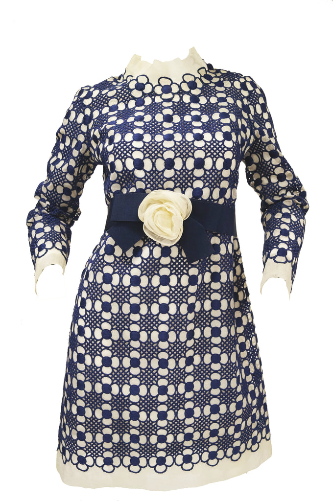 1968 Christian Dior Haute Couture Floral Lattice Lace Mod Dress Original Design