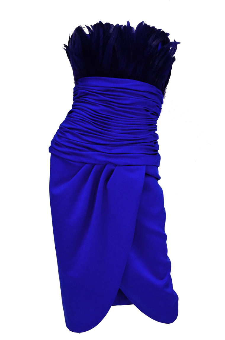 1980s Victor Costa Ultramarine Feather Cocktail Dress Size 2