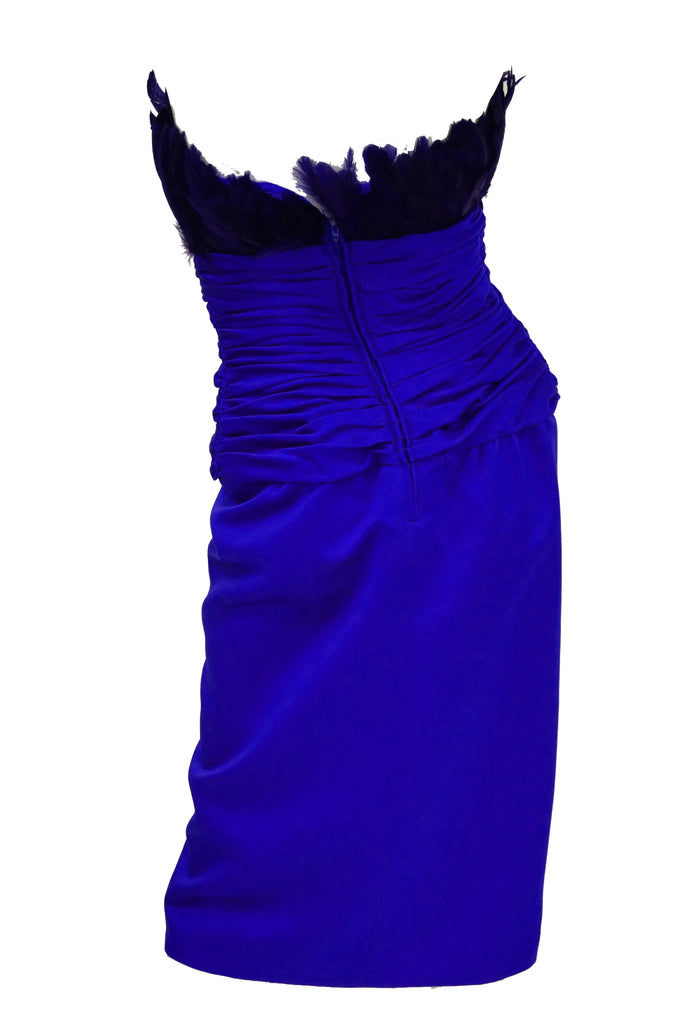 1980s Victor Costa Ultramarine Feather Cocktail Dress Size 2