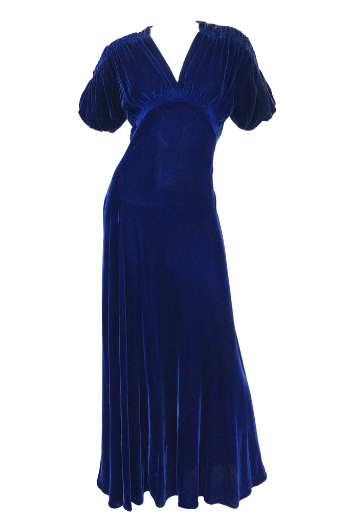 1930s Bias Cut Deep Cobalt Velvet Evening Dress