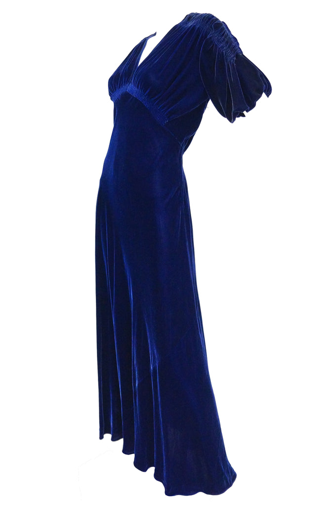 1930s Bias Cut Deep Cobalt Velvet Evening Dress