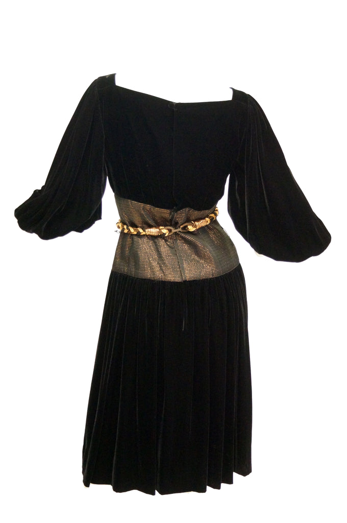 1970s Adele Simpson Black Velvet Gold Metallic Obi Evening Dress