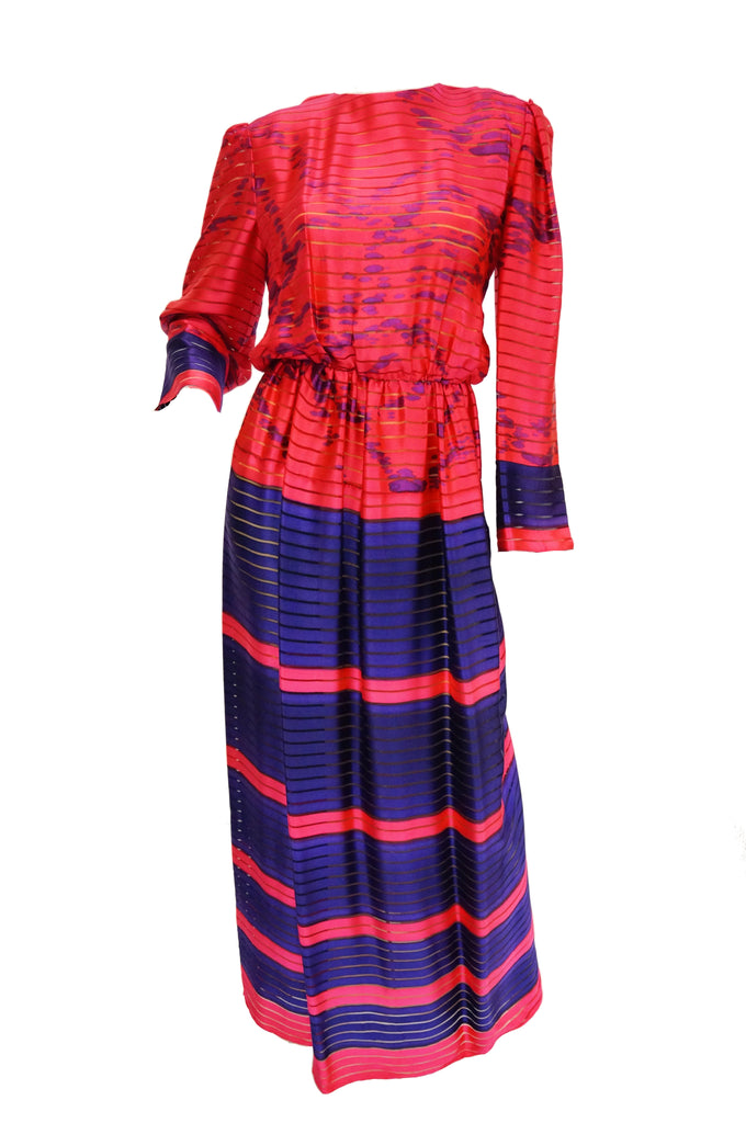 1970s Bill Blass Neon Pink and Purple Sheer Stripe Dress