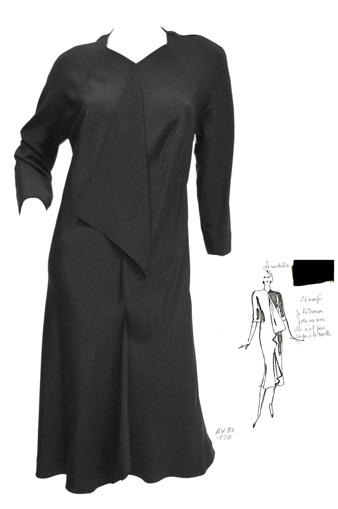 1984 Rare Madame Gres Black Silk Evening Dress w/ Scarf Drape & Original Croquis