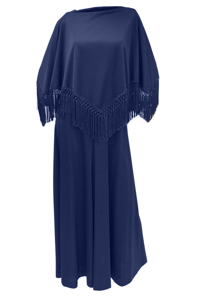 1970s Blue Palazzo and Fringe Knit Wear Jumpsuit