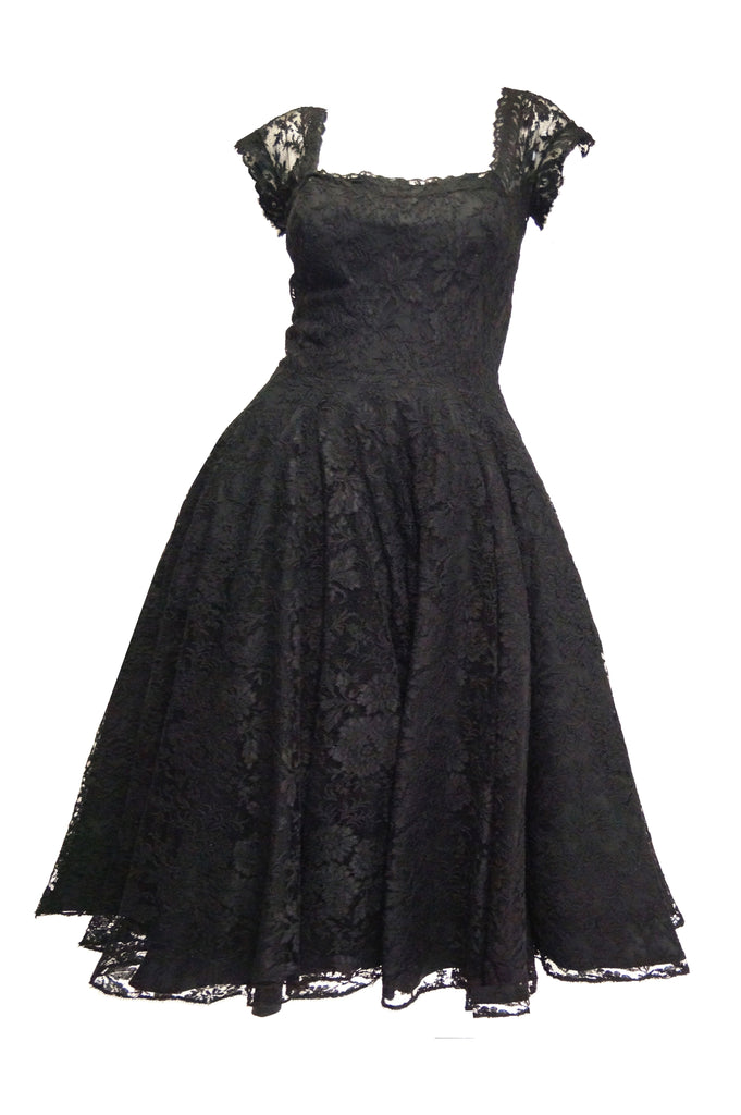 1950s Black Floral French Lace Scoop Back Cocktail Dress