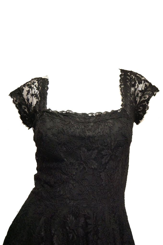 1950s Black Floral French Lace Scoop Back Cocktail Dress