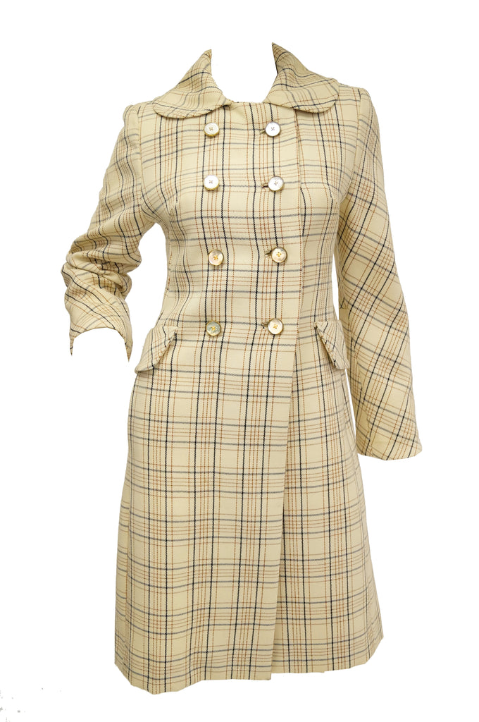 1960s Bill Blass Cream Wool Plaid Coat with Mother of Pearl Buttons