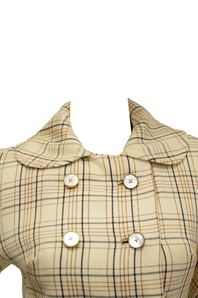 1960s Bill Blass Cream Wool Plaid Coat with Mother of Pearl Buttons