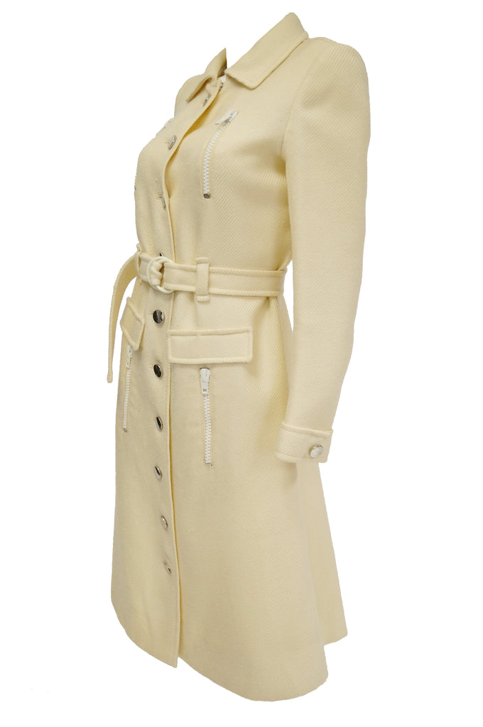 1960s Courreges Hyperbole Cream Wool Coat with Accent Zippers and Buttons