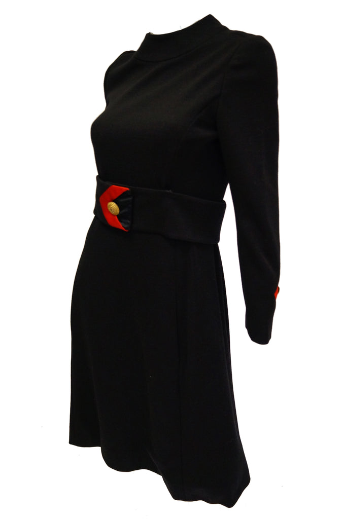 1960s Joseph Stein by Muriel Reade Wool Black and Red Arrow Accent Mod Dress
