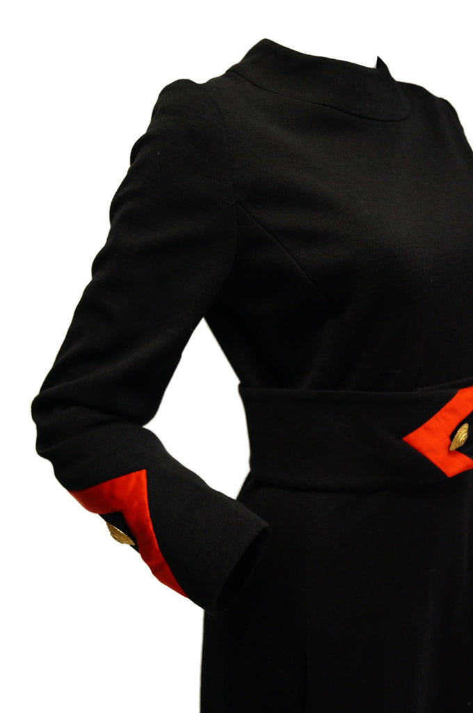1960s Joseph Stein by Muriel Reade Wool Black and Red Arrow Accent Mod Dress