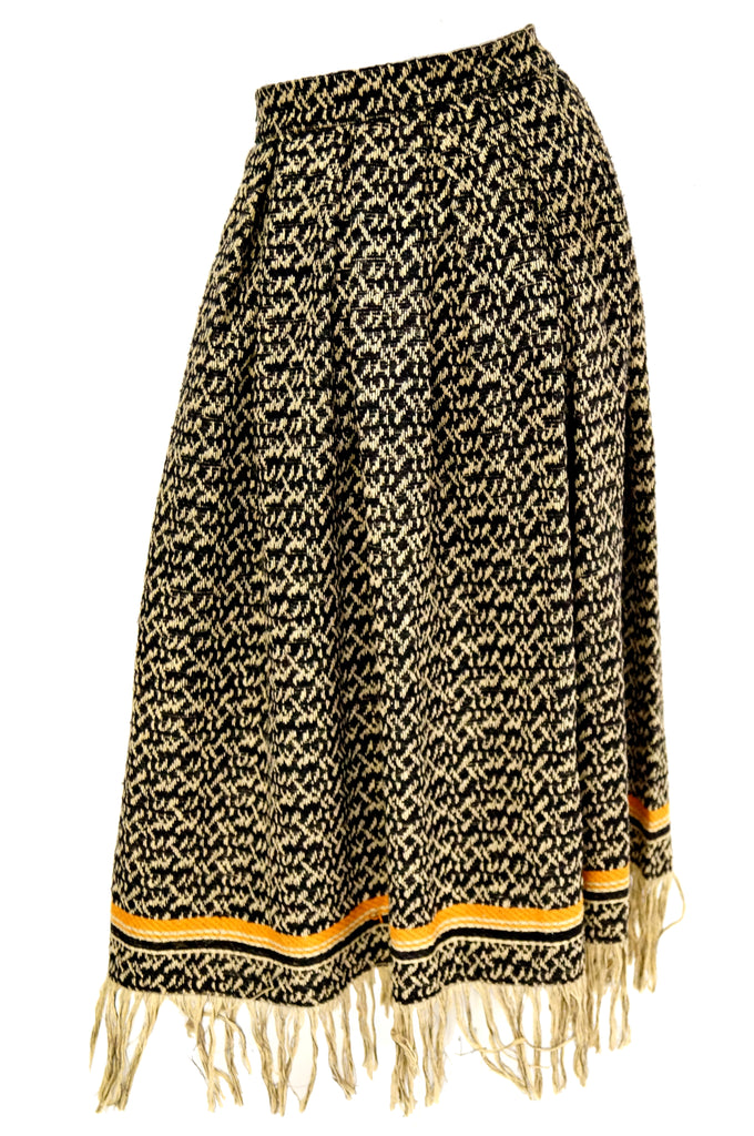 1970s Anne Klein Black and Beige Wool Fringe Skirt and Shawl
