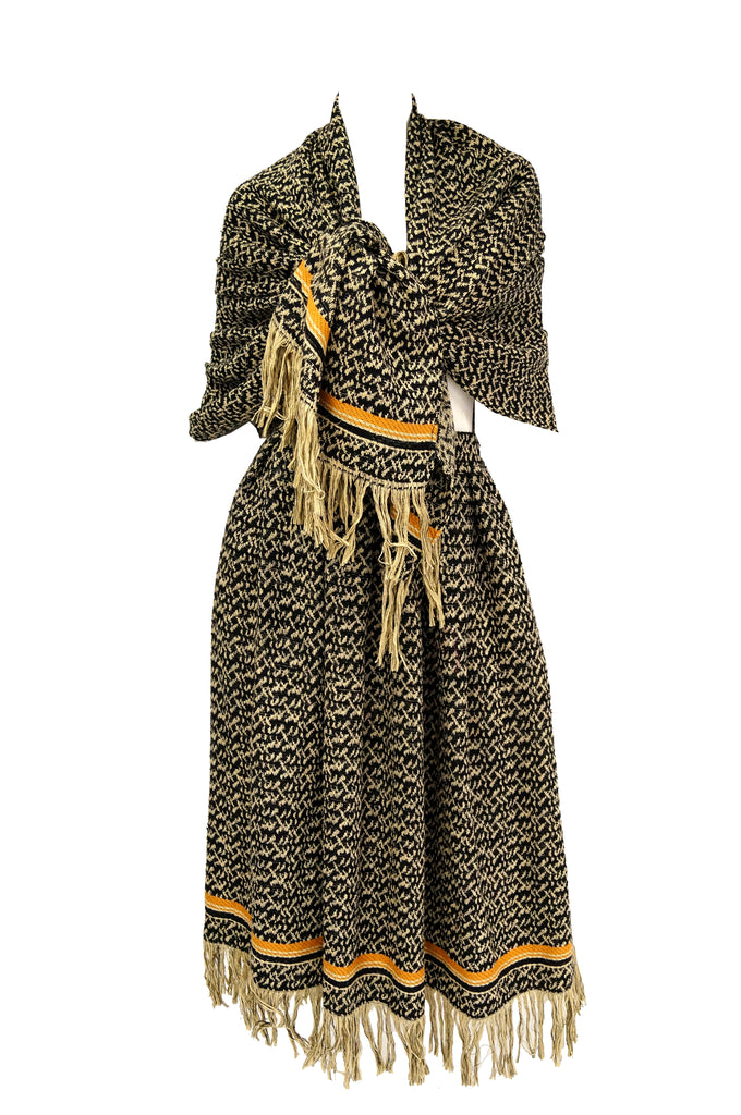 1970s Anne Klein Black and Beige Wool Fringe Skirt and Shawl