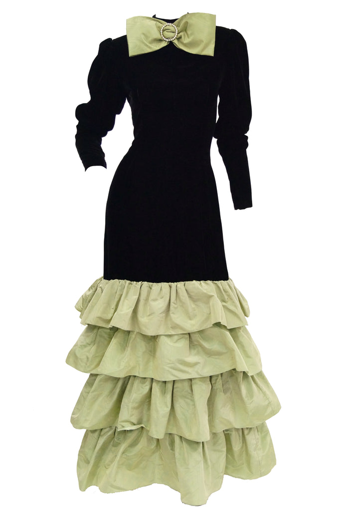 1980s Givenchy Black Velvet and Green Taffeta Silk Bow Evening Dress