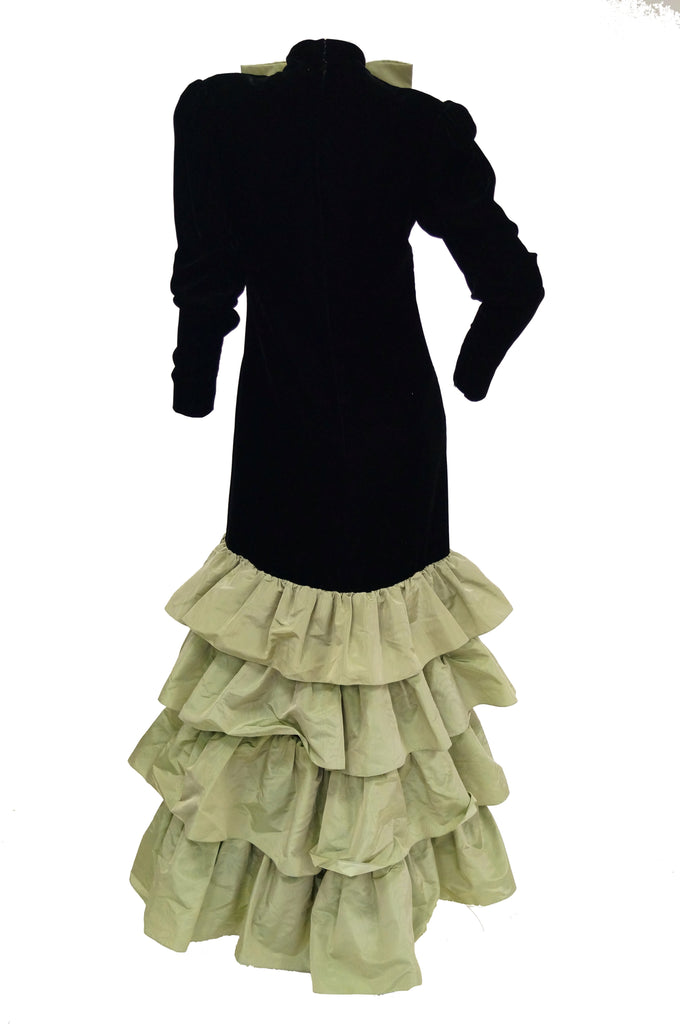 1980s Givenchy Black Velvet and Green Taffeta Silk Bow Evening Dress