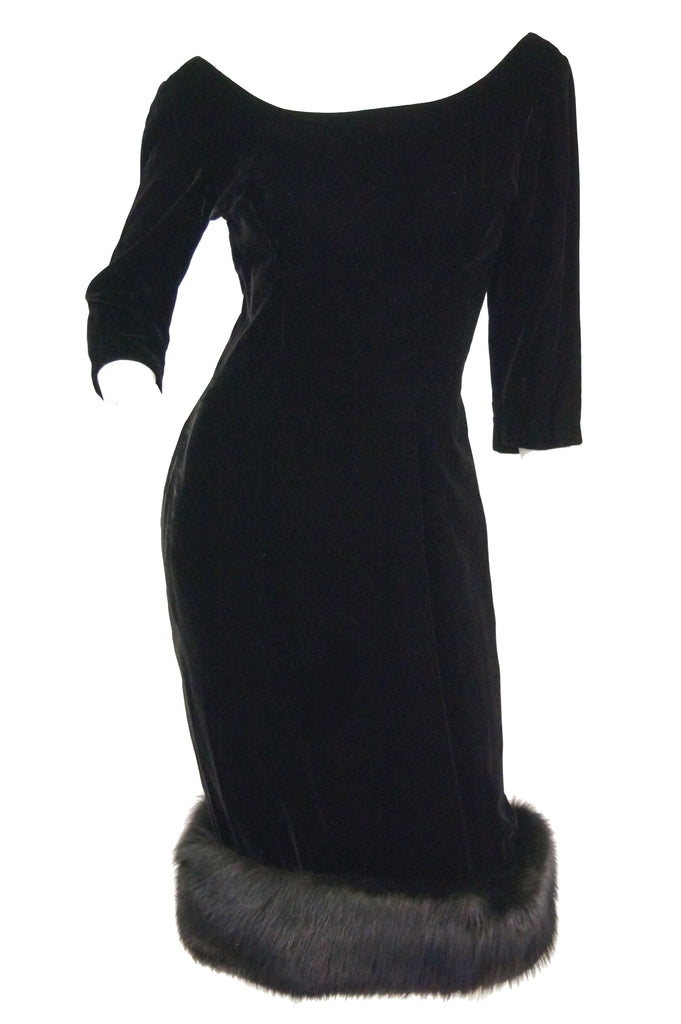 1950s Suzy Perette Black Velvet Fox Trim Cocktail Dress