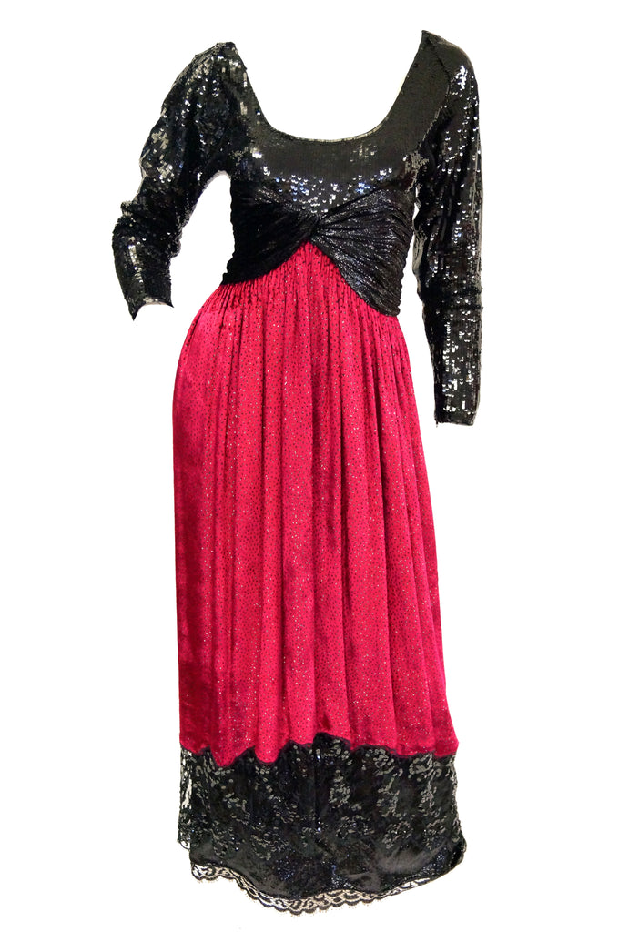 1980s Geoffrey Beene Black and Red Sequin, Lace, and Velvet Evening Dress