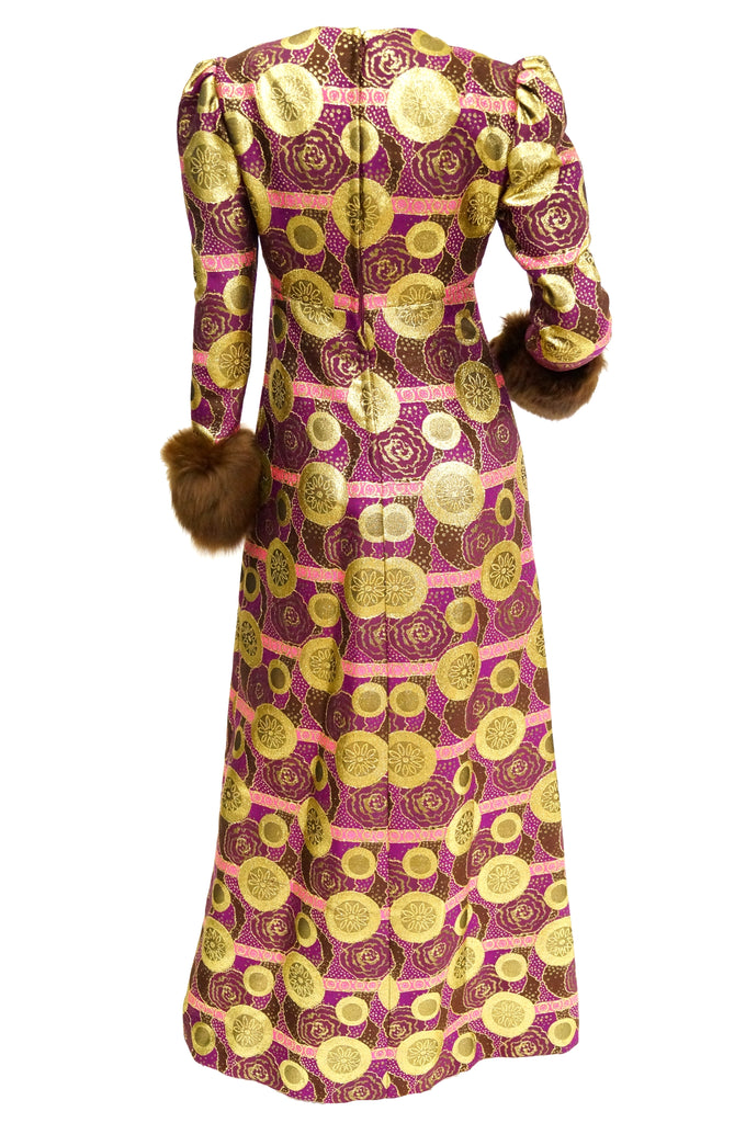 1960s Mr. Blackwell Fur Cuff Gold and Purple Brocade Evening Dress