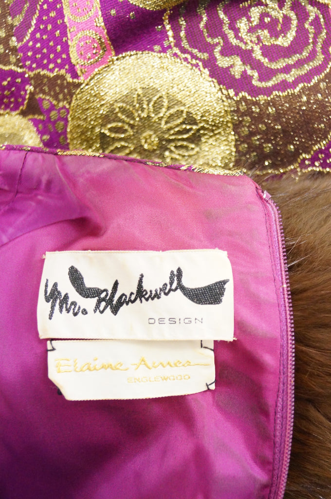 1960s Mr. Blackwell Fur Cuff Gold and Purple Brocade Evening Dress