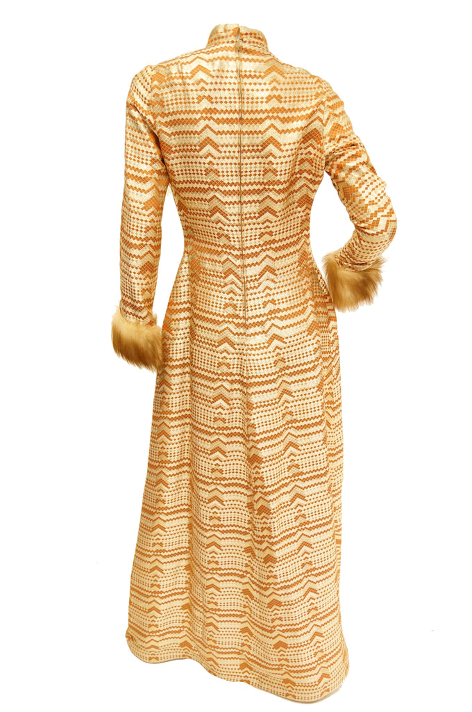 1970s Oscar de la Renta Couture Gold Evening Dress with Fur Cuffs