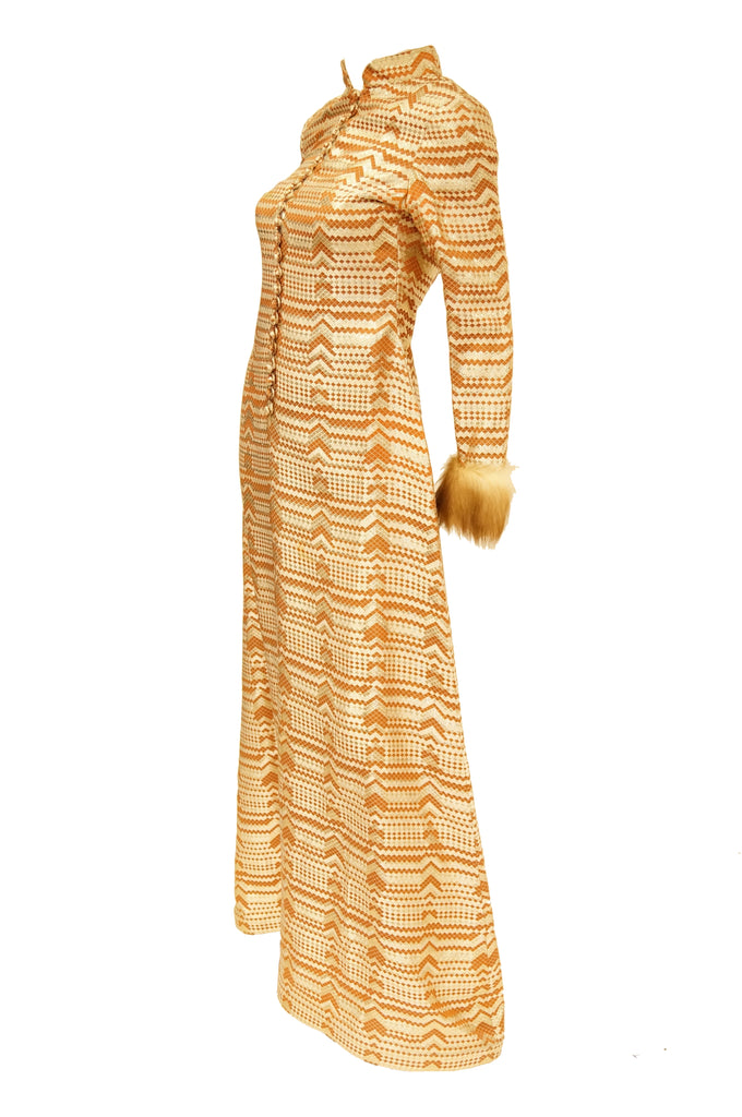 1970s Oscar de la Renta Couture Gold Evening Dress with Fur Cuffs