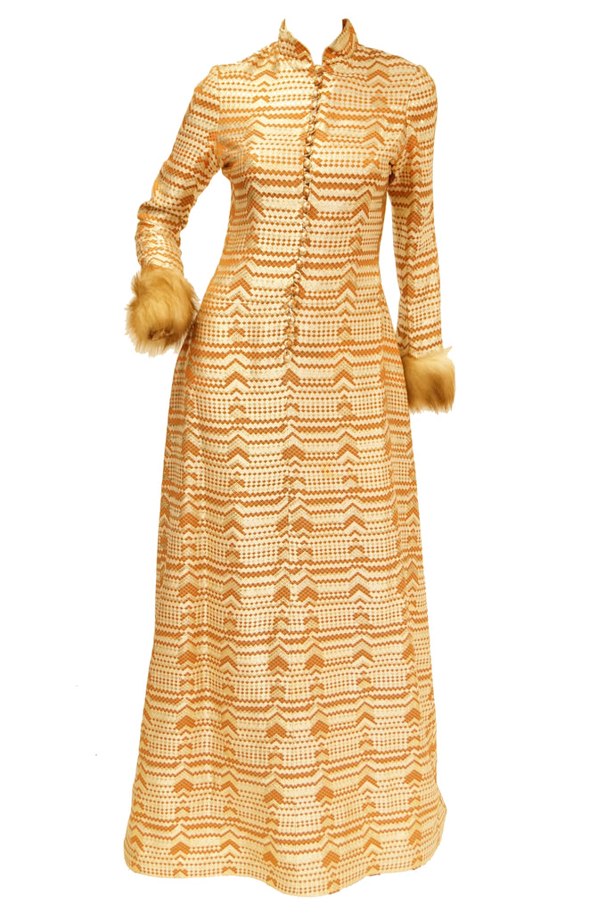 1970s Oscar de la Renta Couture Gold Evening Dress with Fur Cuffs