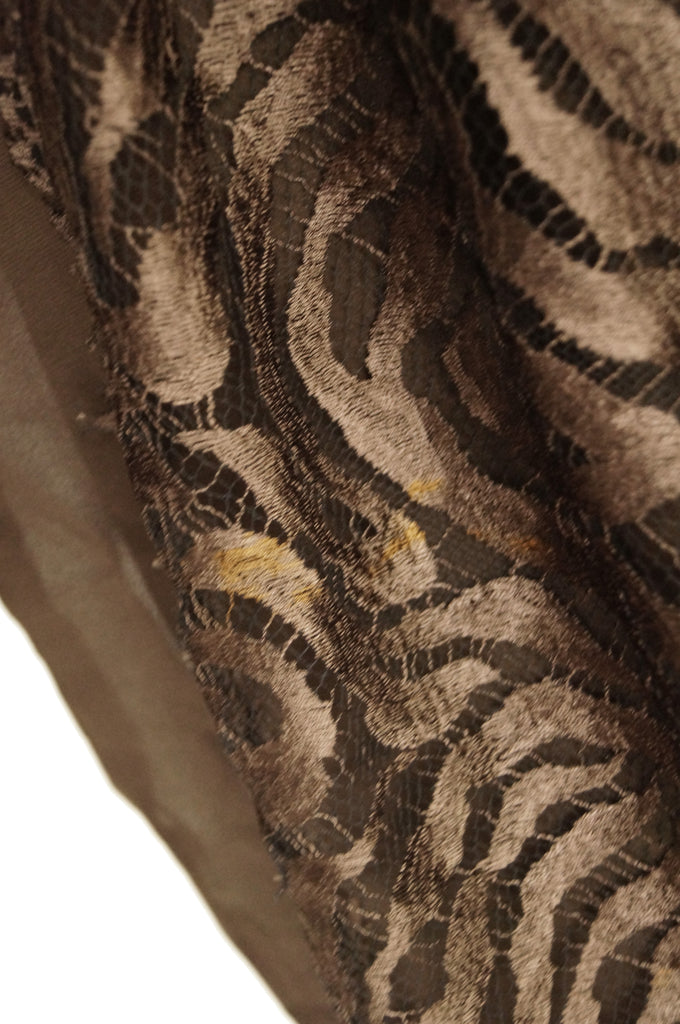 1980s Stanley Platos Martin Ross Floor Length Umber Lace Evening Dress