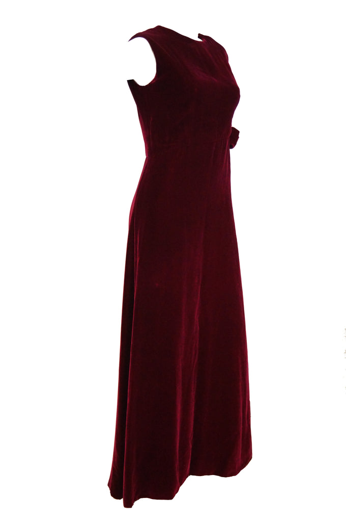 1960s Sarmi Red Velvet Evening Dress w/ Sheer White Silk Skirt Accent