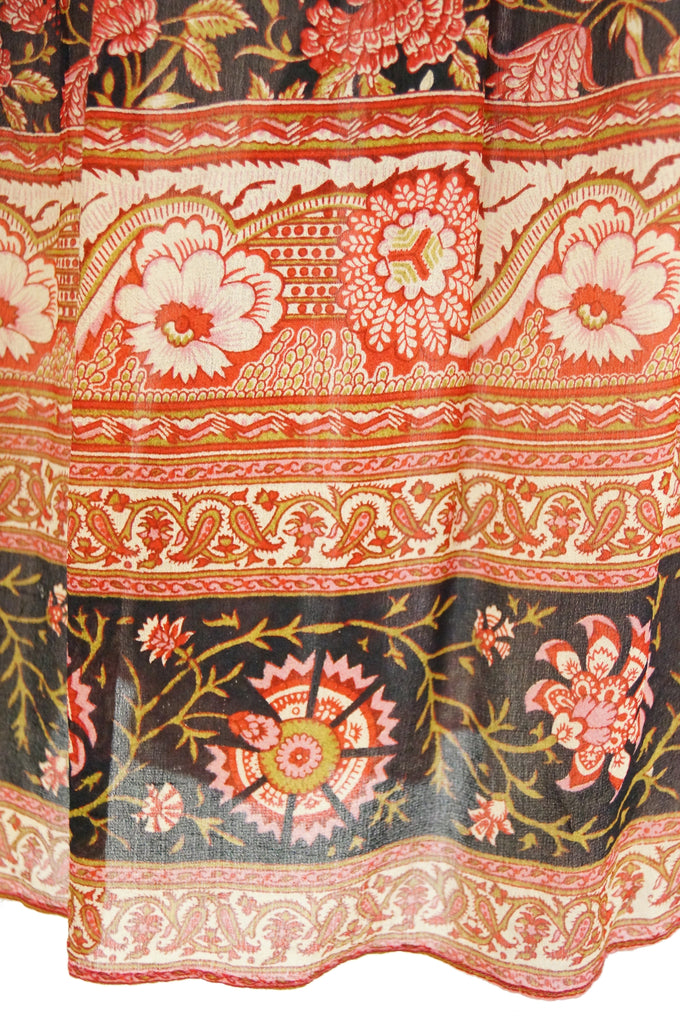 1970s Indian Red and Black Sheer Silk Hand Block Print Dress
