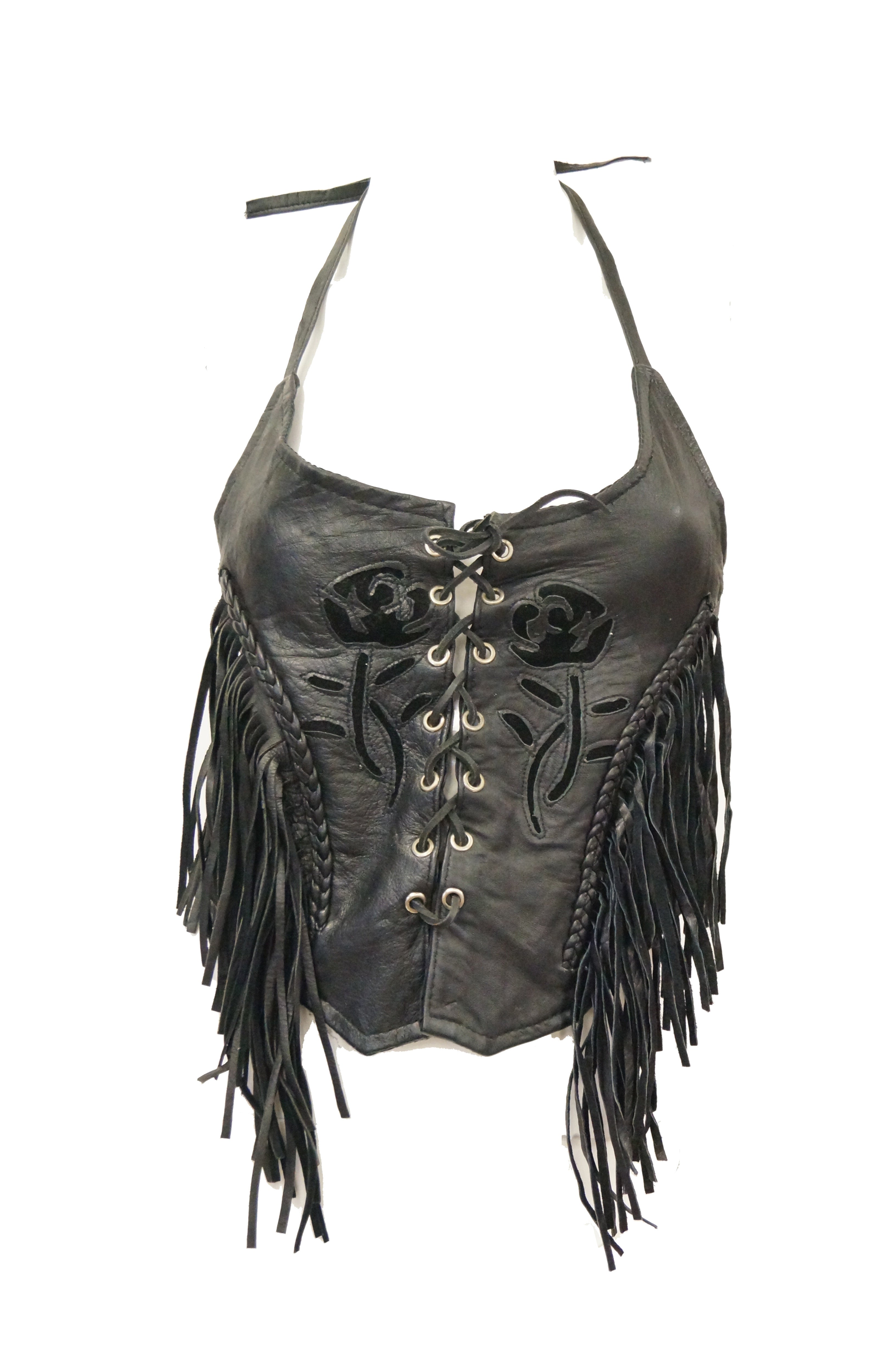 1970s Leather Lace Up Halter Top Fringe and Suede Details MRS Couture