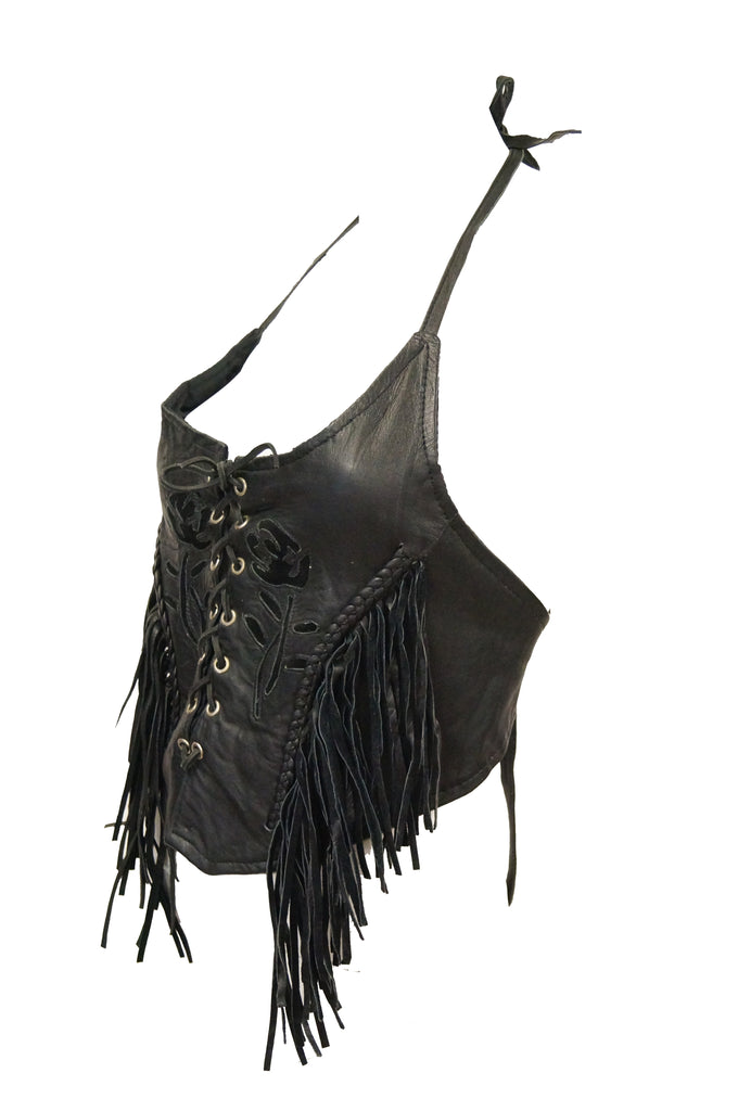 1970s Leather Lace Up Halter Top w/ Fringe and Suede Details