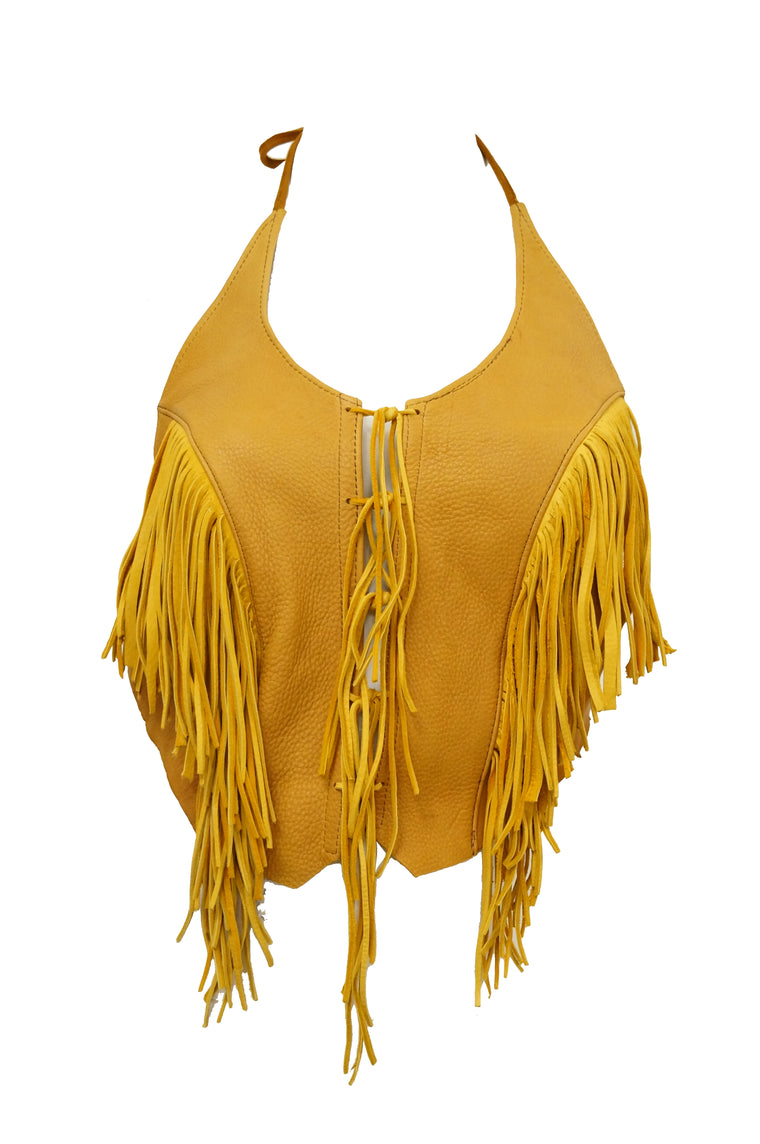 1990s Tan Leather Fringed Halter Top