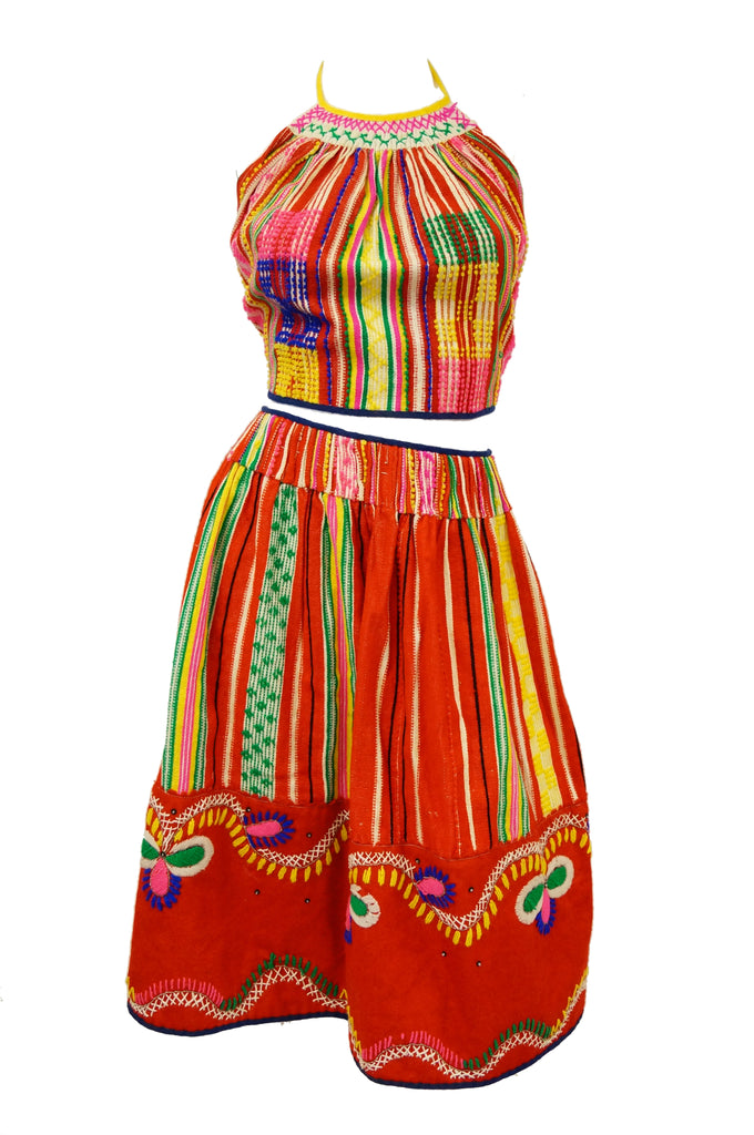1960s Ethnic Multicolored Woven Skirt and Halter Top