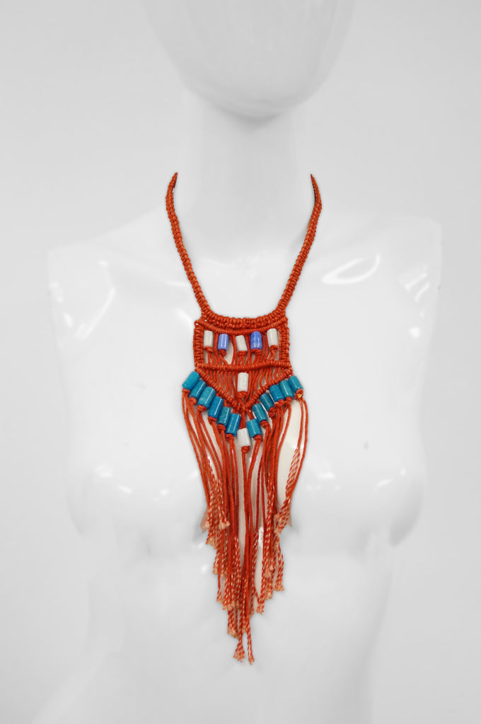 1970s Custom Macrame Red and Blue Ceramic Beaded Necklace