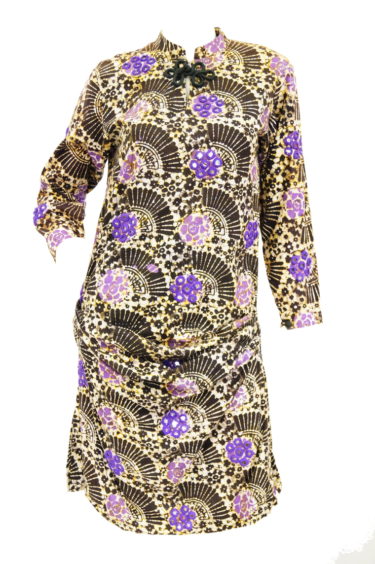 1960s Ramona Rull Batik Dye Dress in Purple and Yellow