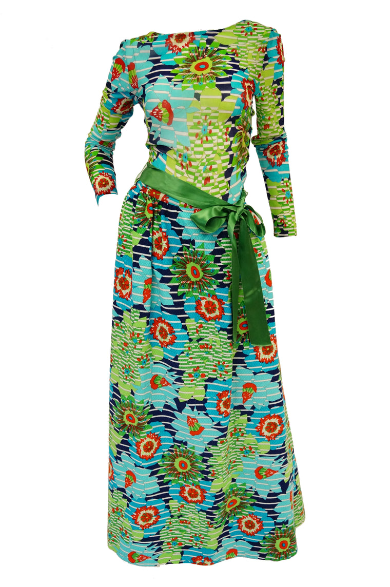 1970s Lanvin Vibrant Green and Blue Floral Dress w/ Sheer Bodice & Scoop Back